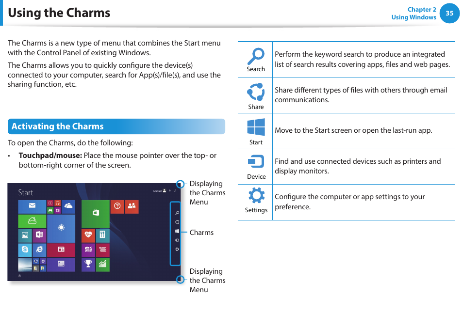 Using the charms, Activating the charms | Samsung NP270E5J-K01US User Manual | Page 36 / 131