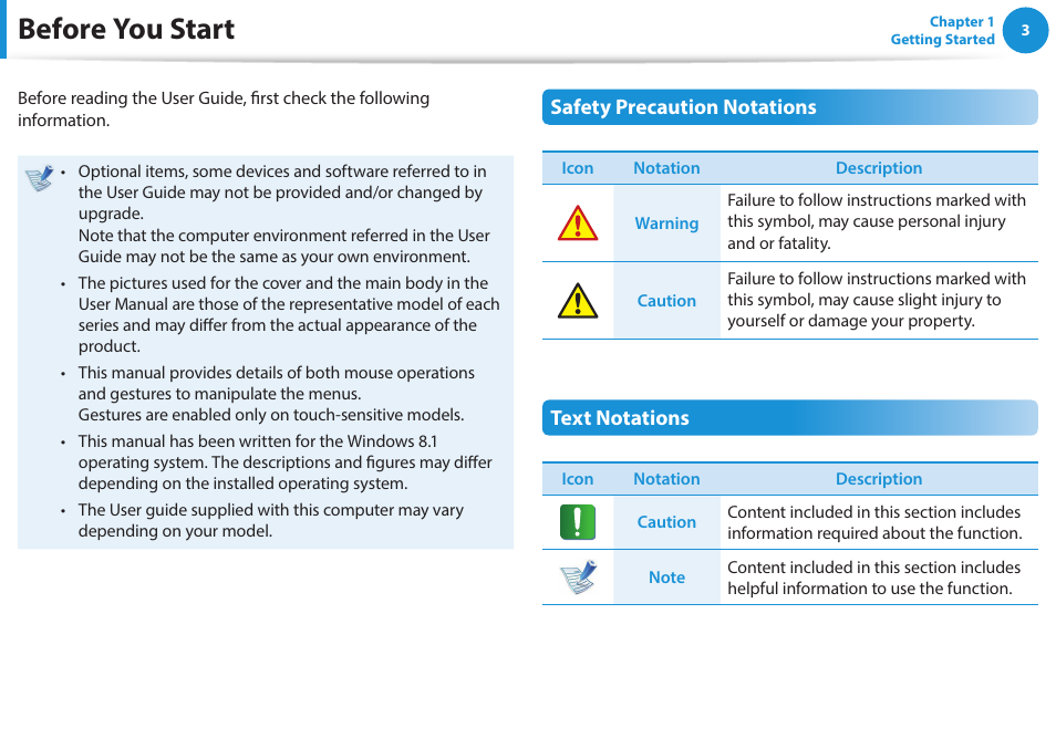 Before you start, Safety precaution notations, Text notations | Samsung NP270E5J-K01US User Manual | Page 4 / 131