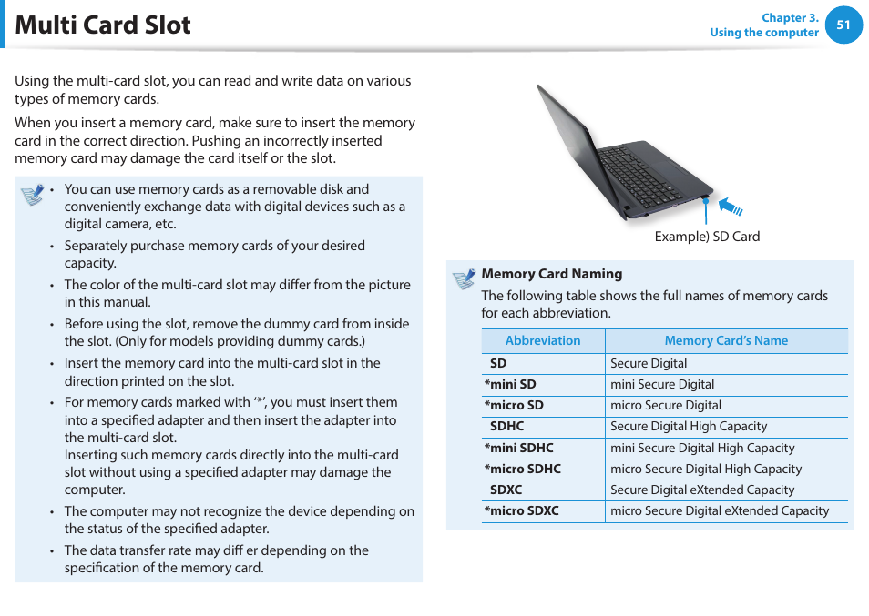 Multi card slot | Samsung NP270E5J-K01US User Manual | Page 52 / 131