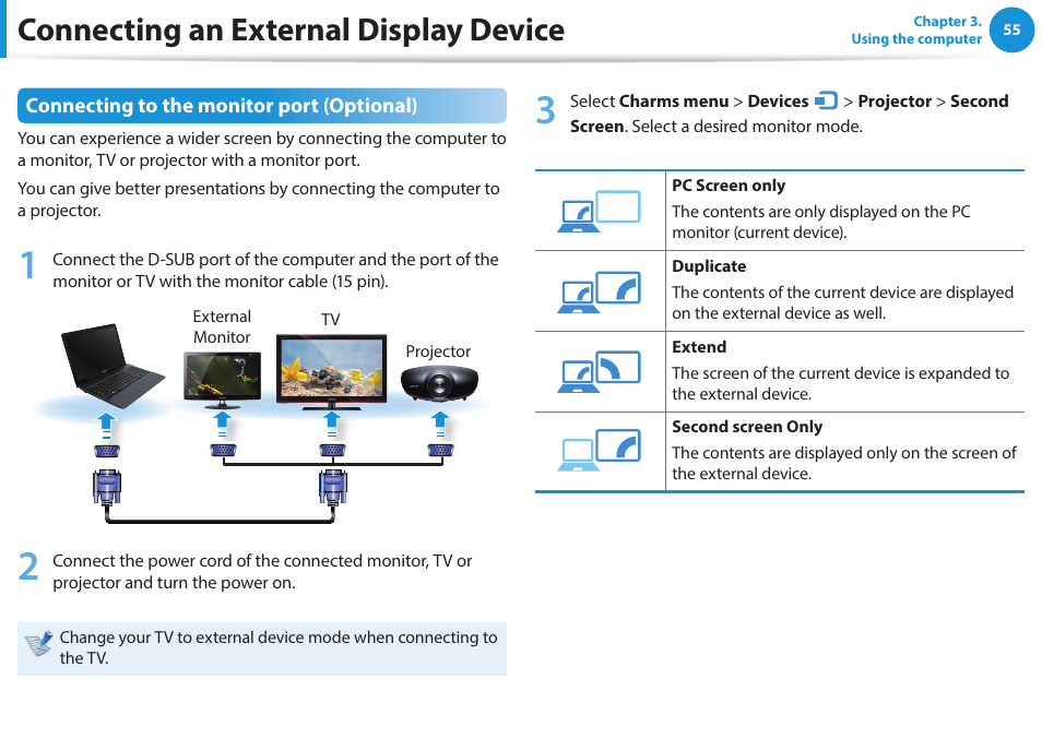 Connecting an external display device, Connecting to the monitor port (optional) | Samsung NP270E5J-K01US User Manual | Page 56 / 131