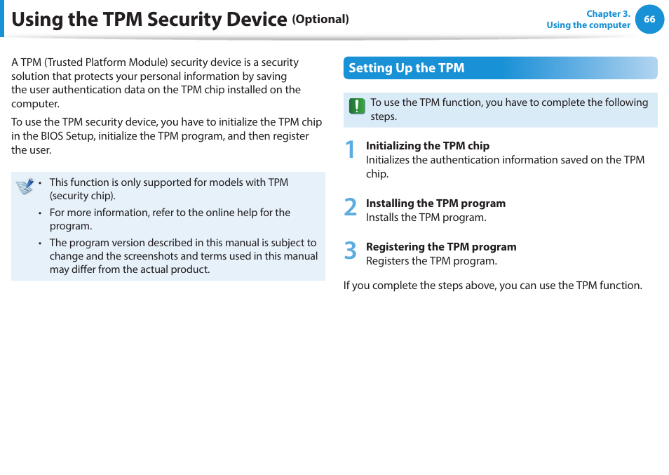 Using the tpm security device (optional), Using the tpm security device | Samsung NP270E5J-K01US User Manual | Page 67 / 131