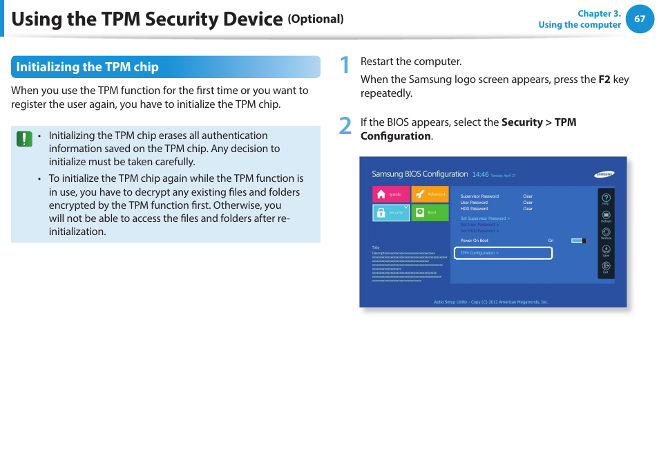 Using the tpm security device, Initializing the tpm chip, Optional) | Samsung NP270E5J-K01US User Manual | Page 68 / 131