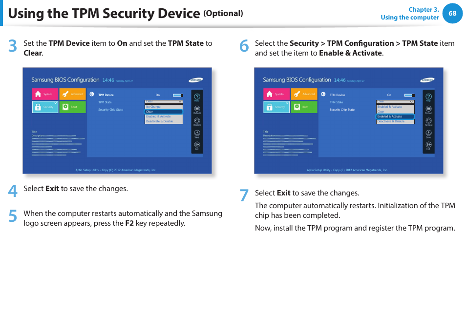 Using the tpm security device, Optional) | Samsung NP270E5J-K01US User Manual | Page 69 / 131