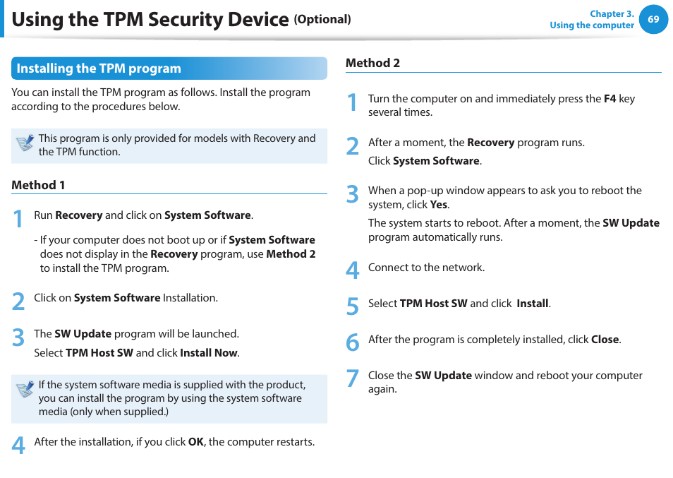 Using the tpm security device | Samsung NP270E5J-K01US User Manual | Page 70 / 131