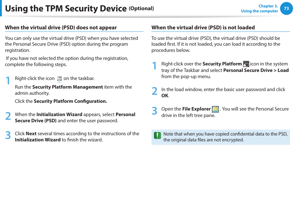Using the tpm security device | Samsung NP270E5J-K01US User Manual | Page 74 / 131