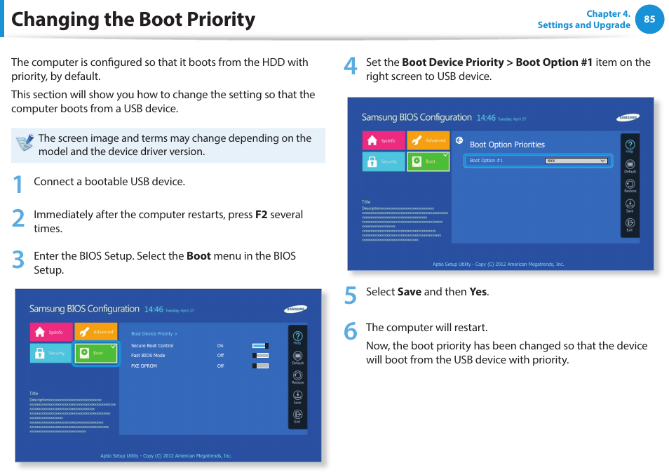 Changing the boot priority | Samsung NP270E5J-K01US User Manual | Page 86 / 131