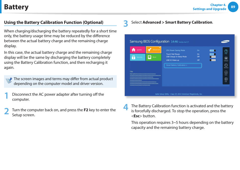 Battery, Using the battery calibration function (optional) | Samsung NP270E5J-K01US User Manual | Page 90 / 131