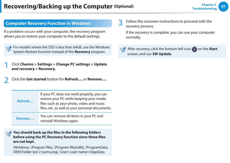 Recovering/backing up the computer | Samsung NP270E5J-K01US User Manual | Page 98 / 131