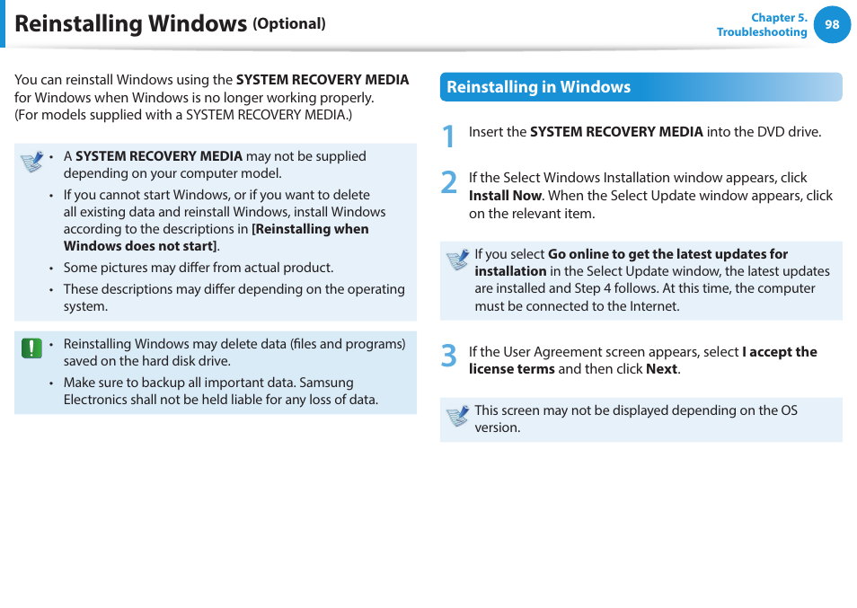 Reinstalling windows (optional), Reinstalling windows | Samsung NP270E5J-K01US User Manual | Page 99 / 131