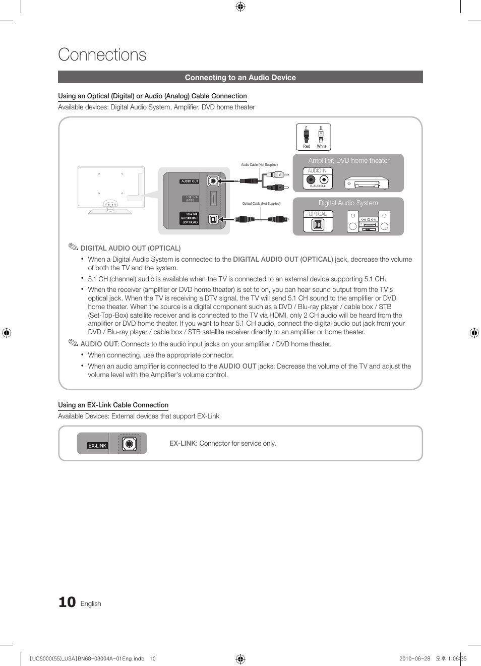 Connecting to an audio device, Connections | Samsung UN55C5000QFXZA User Manual | Page 10 / 54