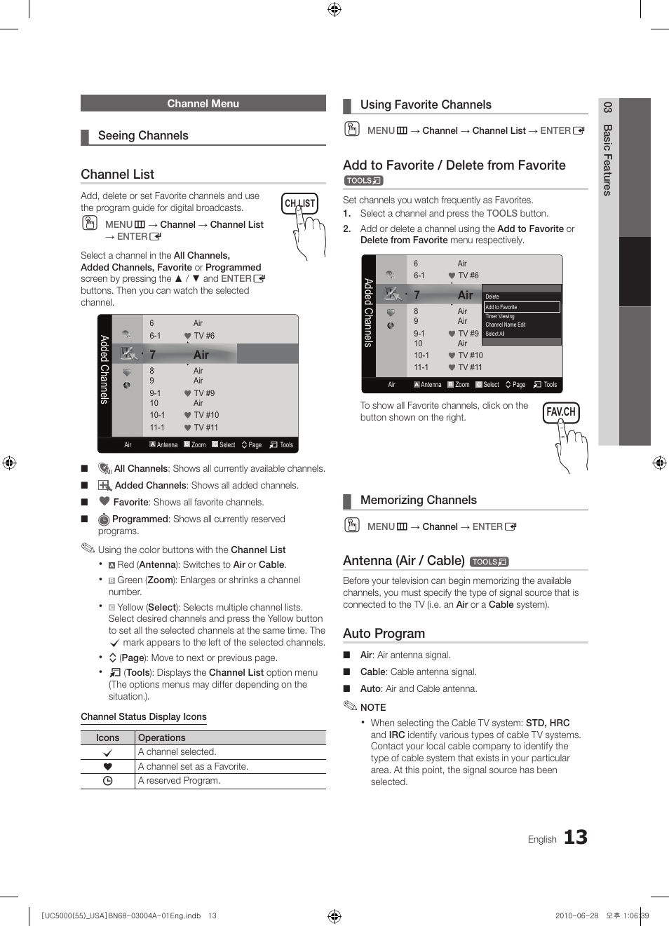 Channel menu, Channel list, Add to favorite / delete from favorite | Antenna (air / cable), Auto program | Samsung UN55C5000QFXZA User Manual | Page 13 / 54