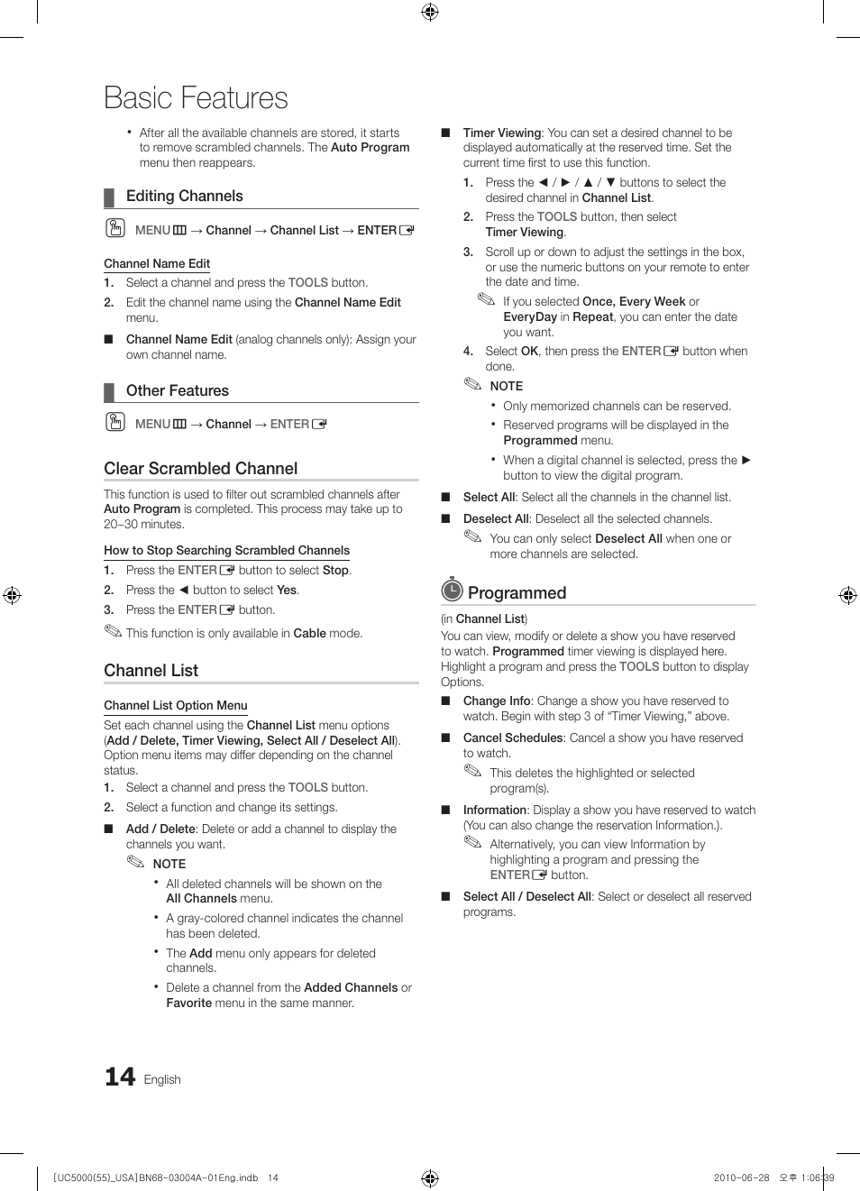 Basic features, Clear scrambled channel, Channel list | Programmed | Samsung UN55C5000QFXZA User Manual | Page 14 / 54