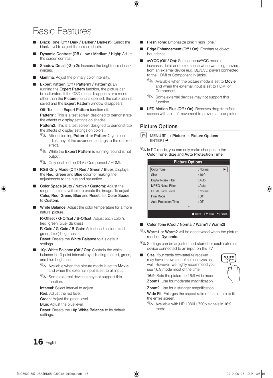 Basic features, Picture options | Samsung UN55C5000QFXZA User Manual | Page 16 / 54