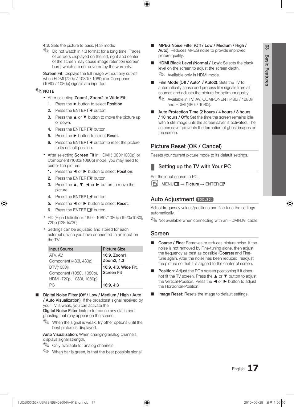 Picture reset (ok / cancel), Auto adjustment, Screen | Samsung UN55C5000QFXZA User Manual | Page 17 / 54