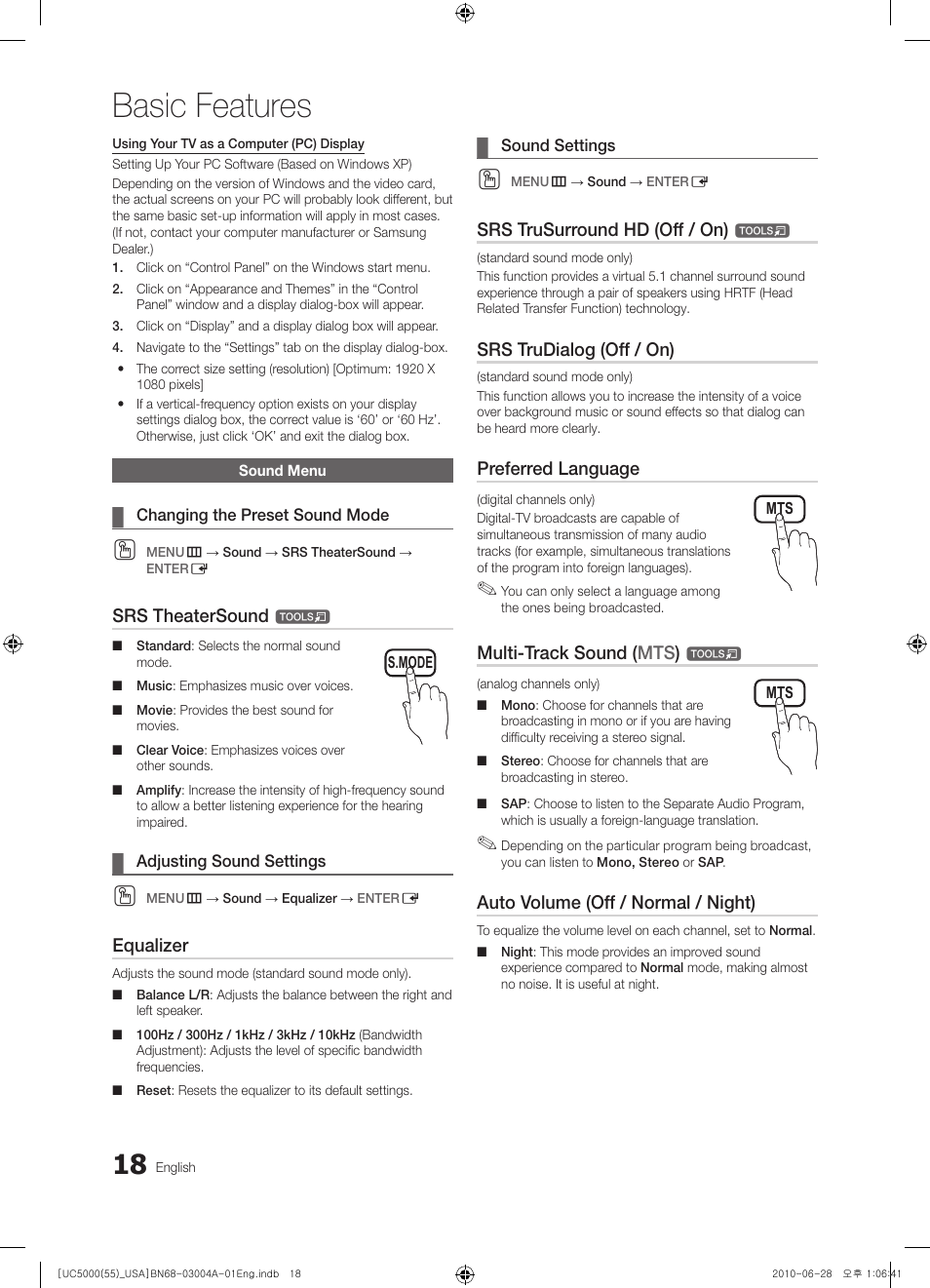 Sound menu, Basic features, Srs theatersound | Equalizer, Srs trusurround hd (off / on), Srs trudialog (off / on), Preferred language, Multi-track sound ( mts ), Auto volume (off / normal / night) | Samsung UN55C5000QFXZA User Manual | Page 18 / 54