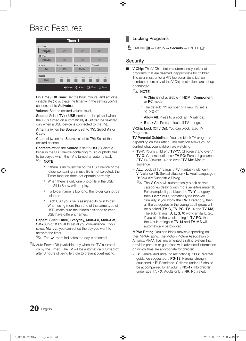 Basic features, Security | Samsung UN55C5000QFXZA User Manual | Page 20 / 54