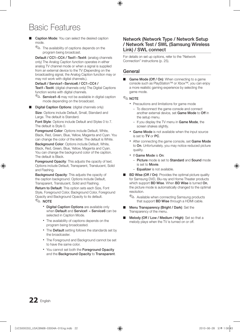 Basic features | Samsung UN55C5000QFXZA User Manual | Page 22 / 54