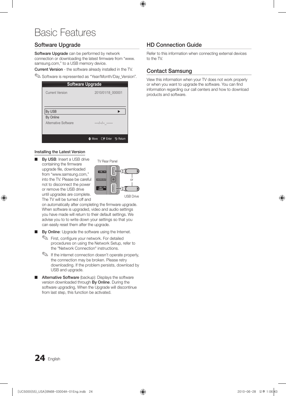 Basic features, Software upgrade, Hd connection guide | Contact samsung | Samsung UN55C5000QFXZA User Manual | Page 24 / 54
