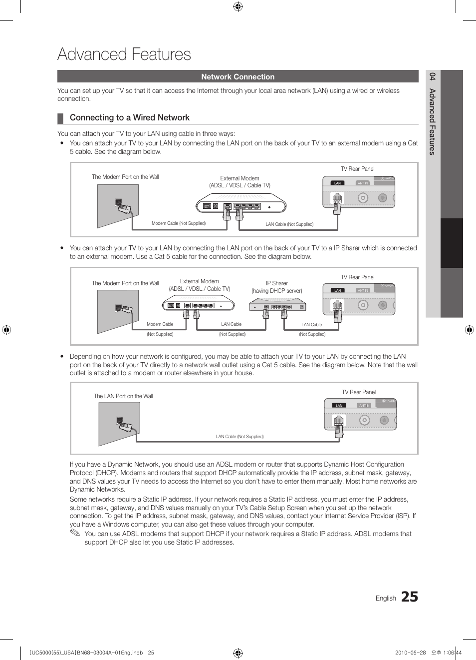 Advanced features, Network connection, Connecting to a wired network | Samsung UN55C5000QFXZA User Manual | Page 25 / 54