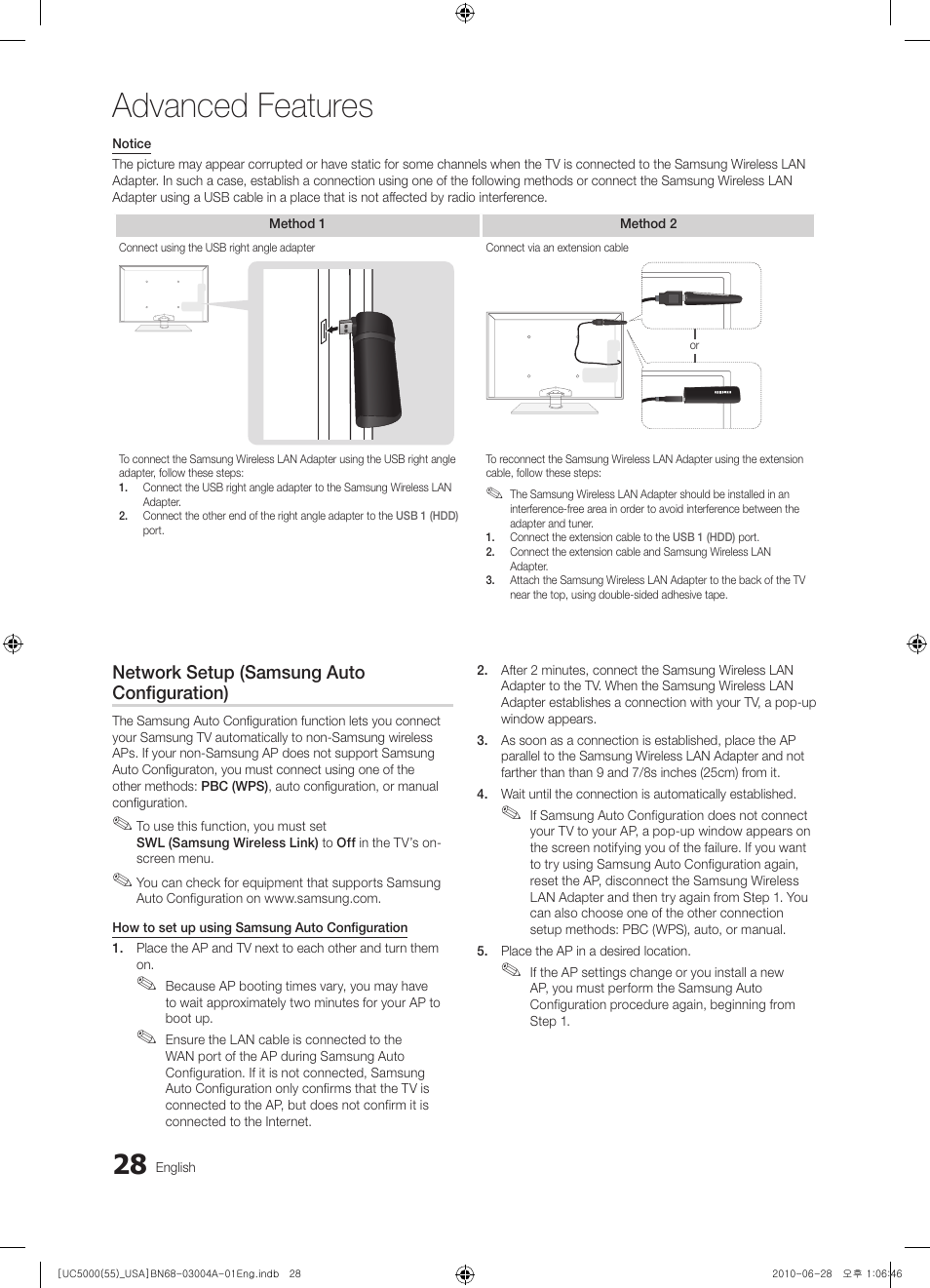 Advanced features, Network setup (samsung auto configuration) | Samsung UN55C5000QFXZA User Manual | Page 28 / 54