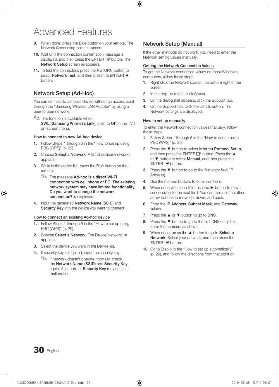 Advanced features, Network setup (ad-hoc), Network setup (manual) | Samsung UN55C5000QFXZA User Manual | Page 30 / 54