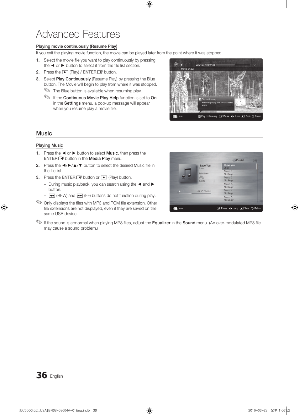 Advanced features, Music | Samsung UN55C5000QFXZA User Manual | Page 36 / 54