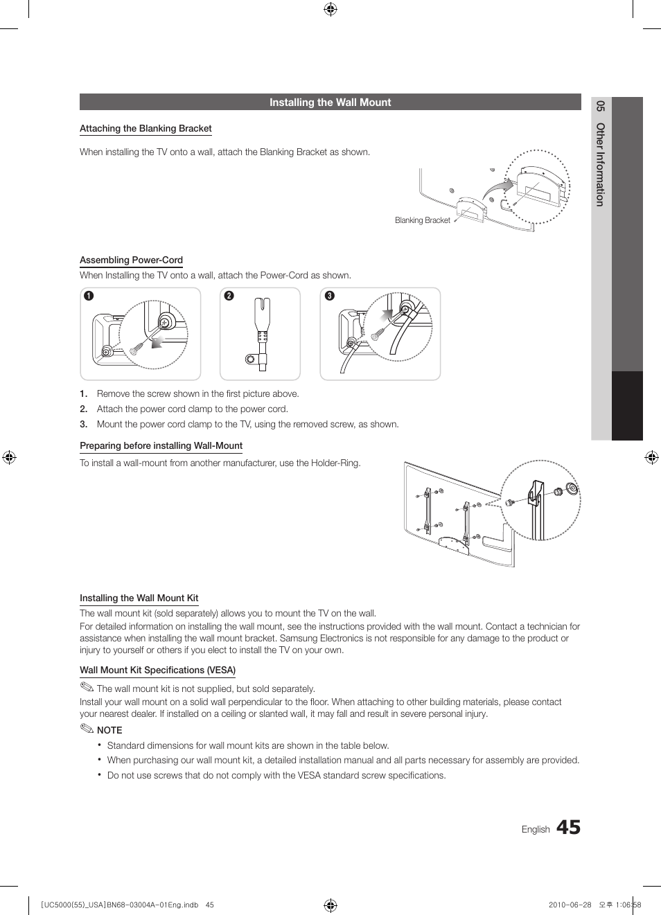 Installing the wall mount | Samsung UN55C5000QFXZA User Manual | Page 45 / 54