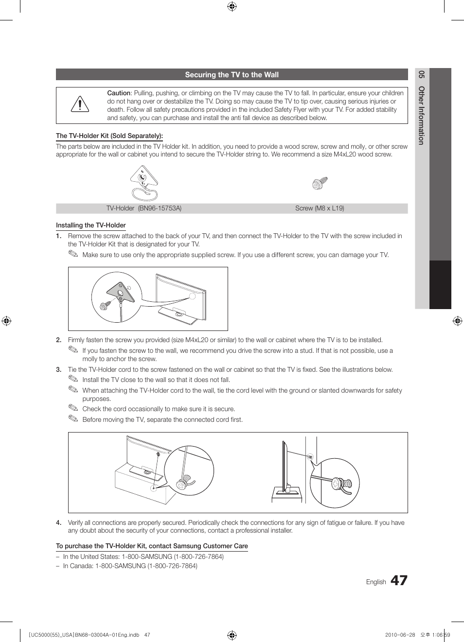 Securing the tv to the wall | Samsung UN55C5000QFXZA User Manual | Page 47 / 54