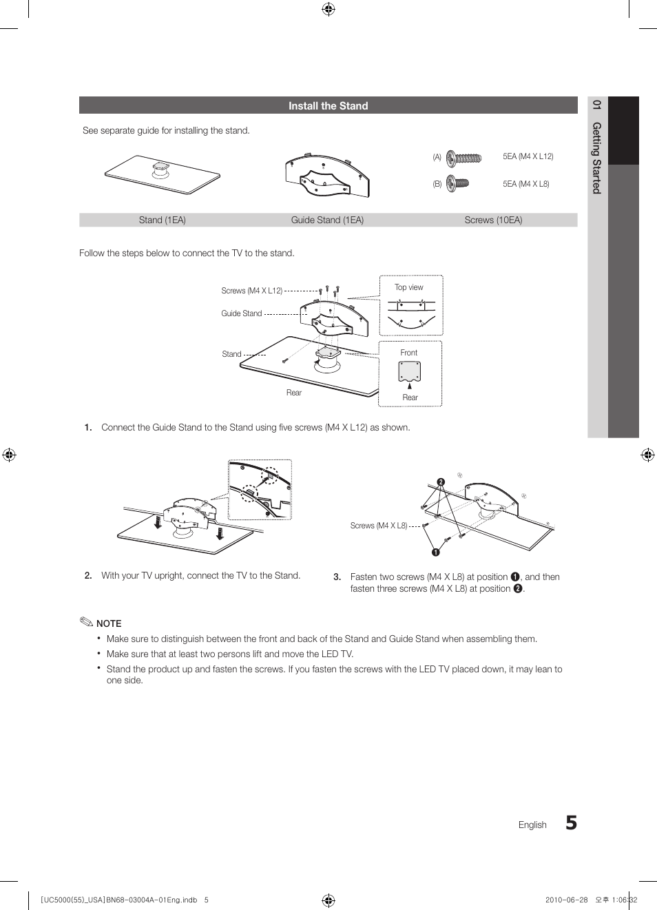 Install the stand, 01 getting started | Samsung UN55C5000QFXZA User Manual | Page 5 / 54