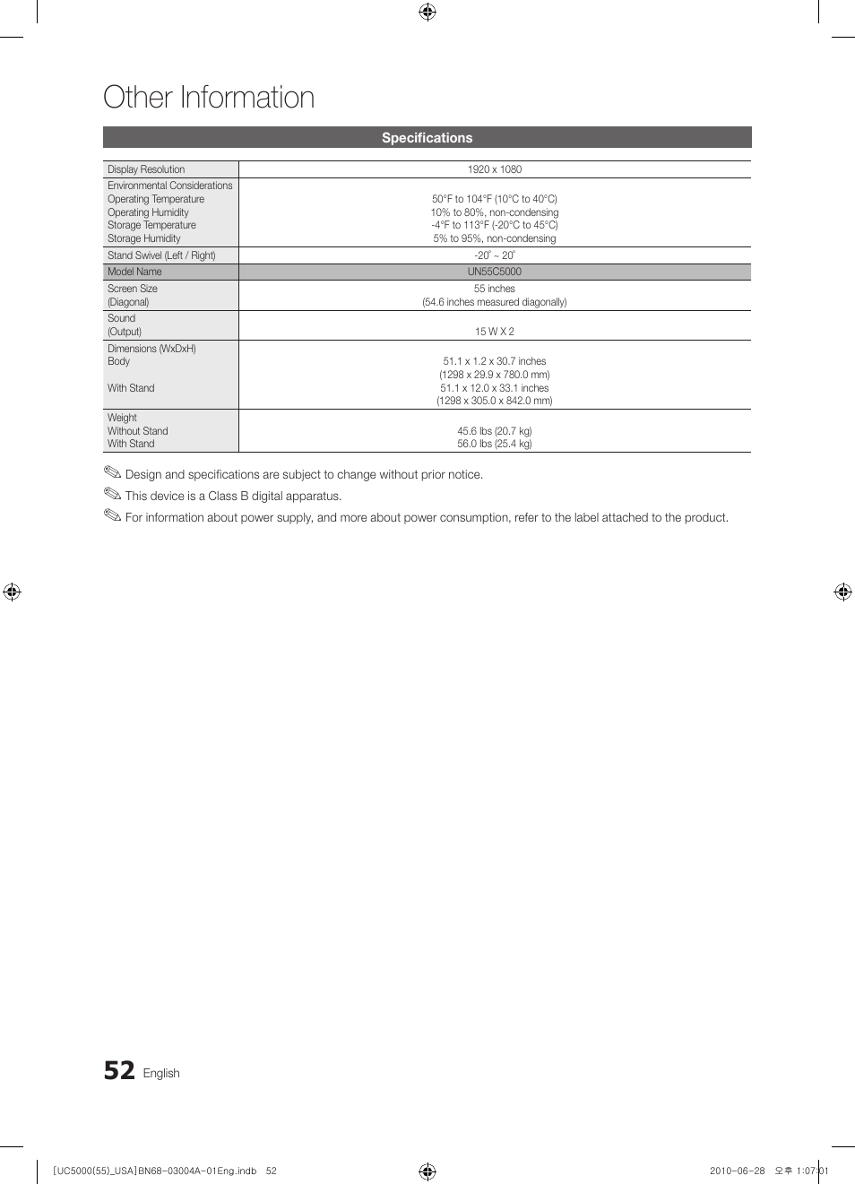 Specifications, Other information | Samsung UN55C5000QFXZA User Manual | Page 52 / 54