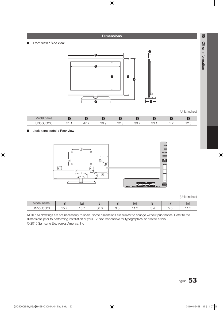 Dimensions | Samsung UN55C5000QFXZA User Manual | Page 53 / 54