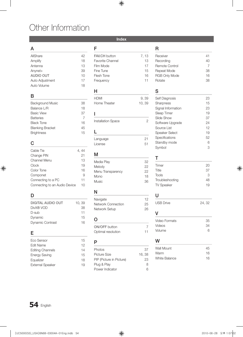 Index, Other information | Samsung UN55C5000QFXZA User Manual | Page 54 / 54