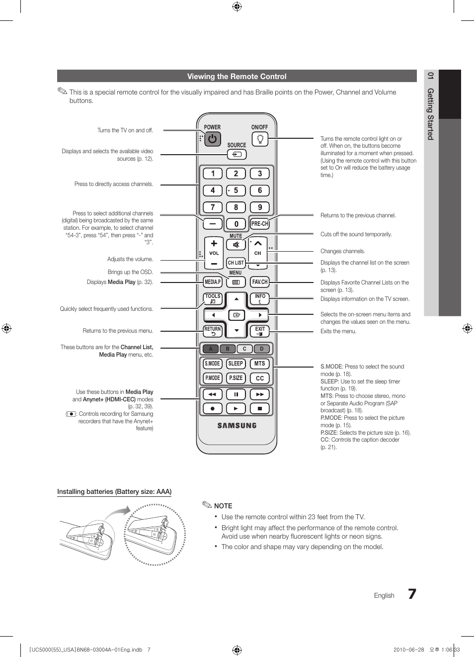 Viewing the remote control | Samsung UN55C5000QFXZA User Manual | Page 7 / 54