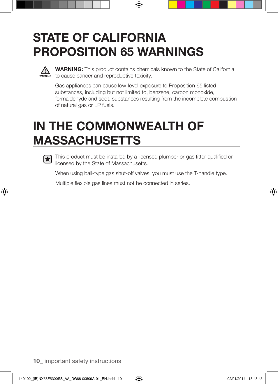 State of california proposition 65 warnings | Samsung NX58F5300SS-AA User Manual | Page 10 / 76