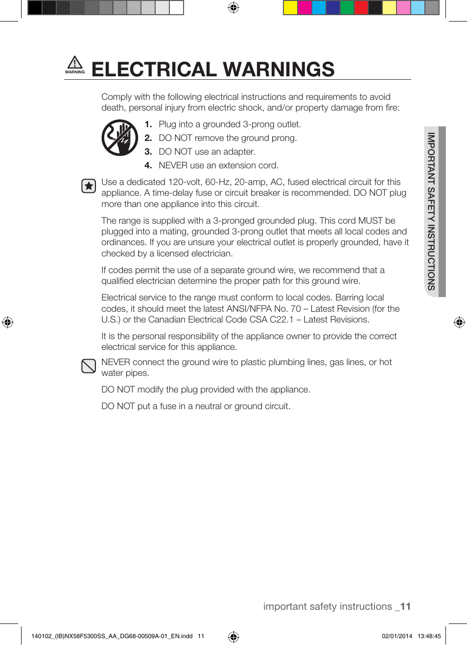 Electrical warnings | Samsung NX58F5300SS-AA User Manual | Page 11 / 76