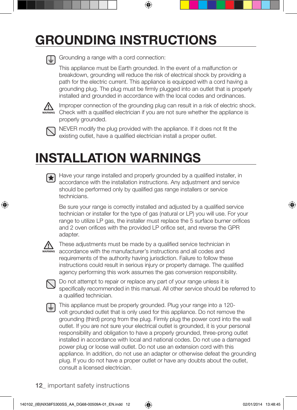 Grounding instructions, Installation warnings | Samsung NX58F5300SS-AA User Manual | Page 12 / 76