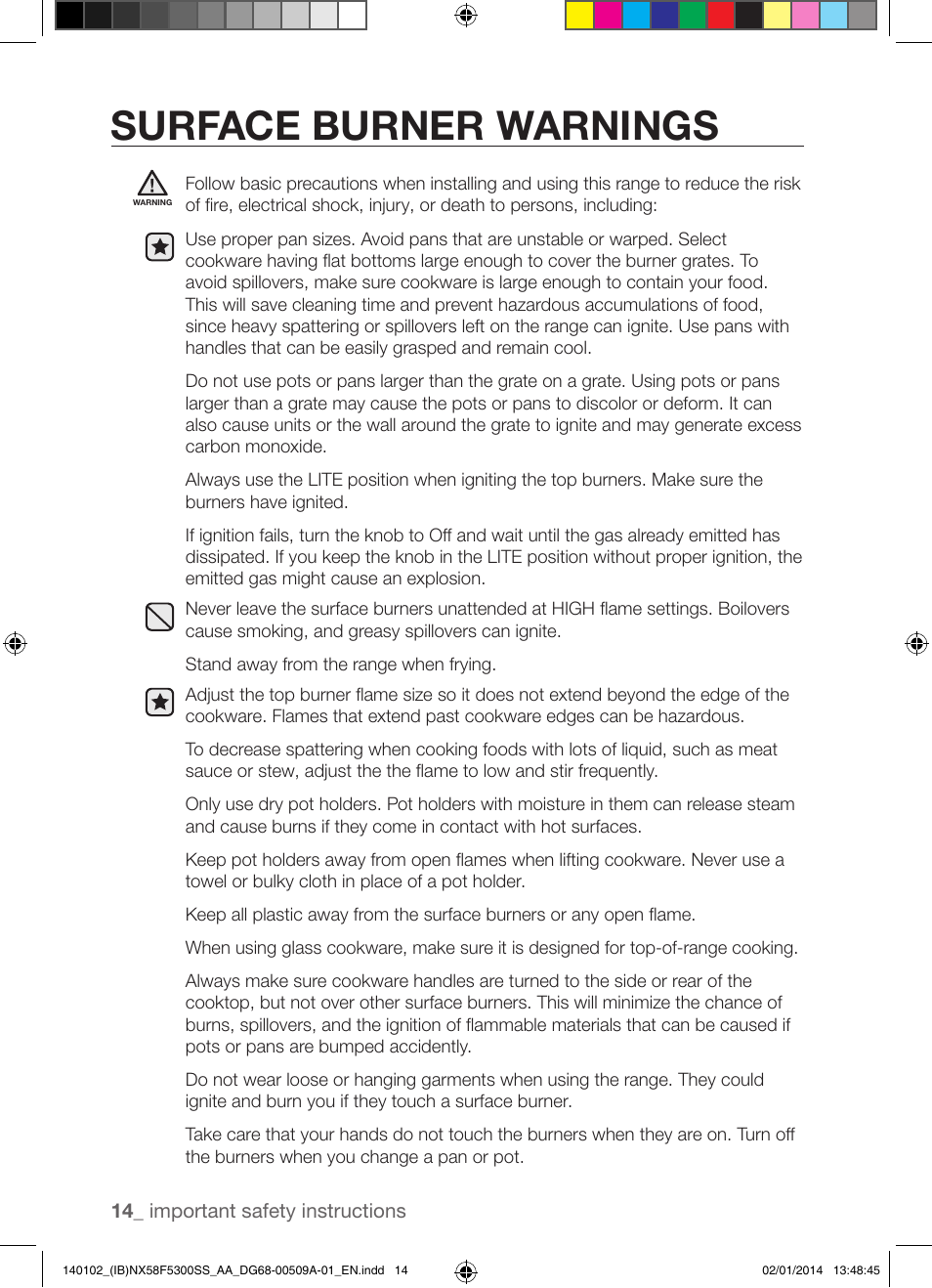 Surface burner warnings | Samsung NX58F5300SS-AA User Manual | Page 14 / 76
