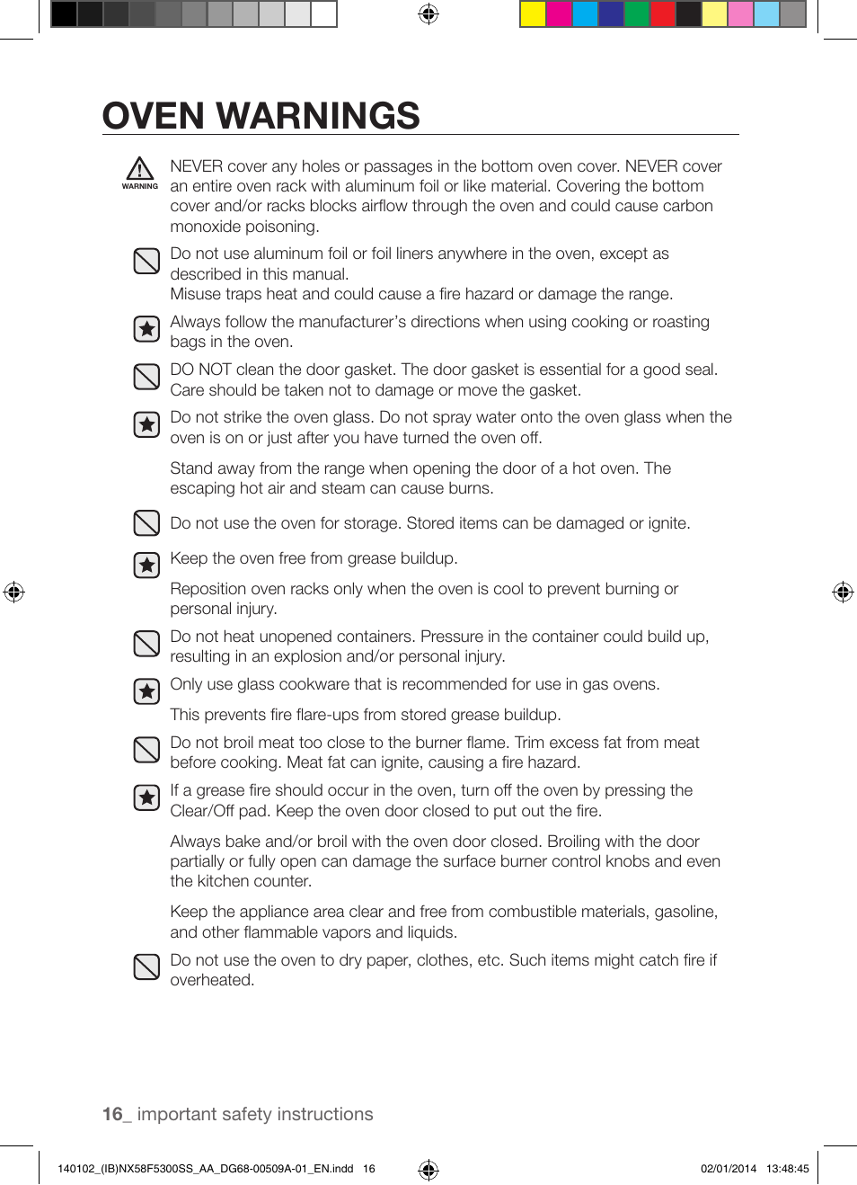 Oven warnings | Samsung NX58F5300SS-AA User Manual | Page 16 / 76