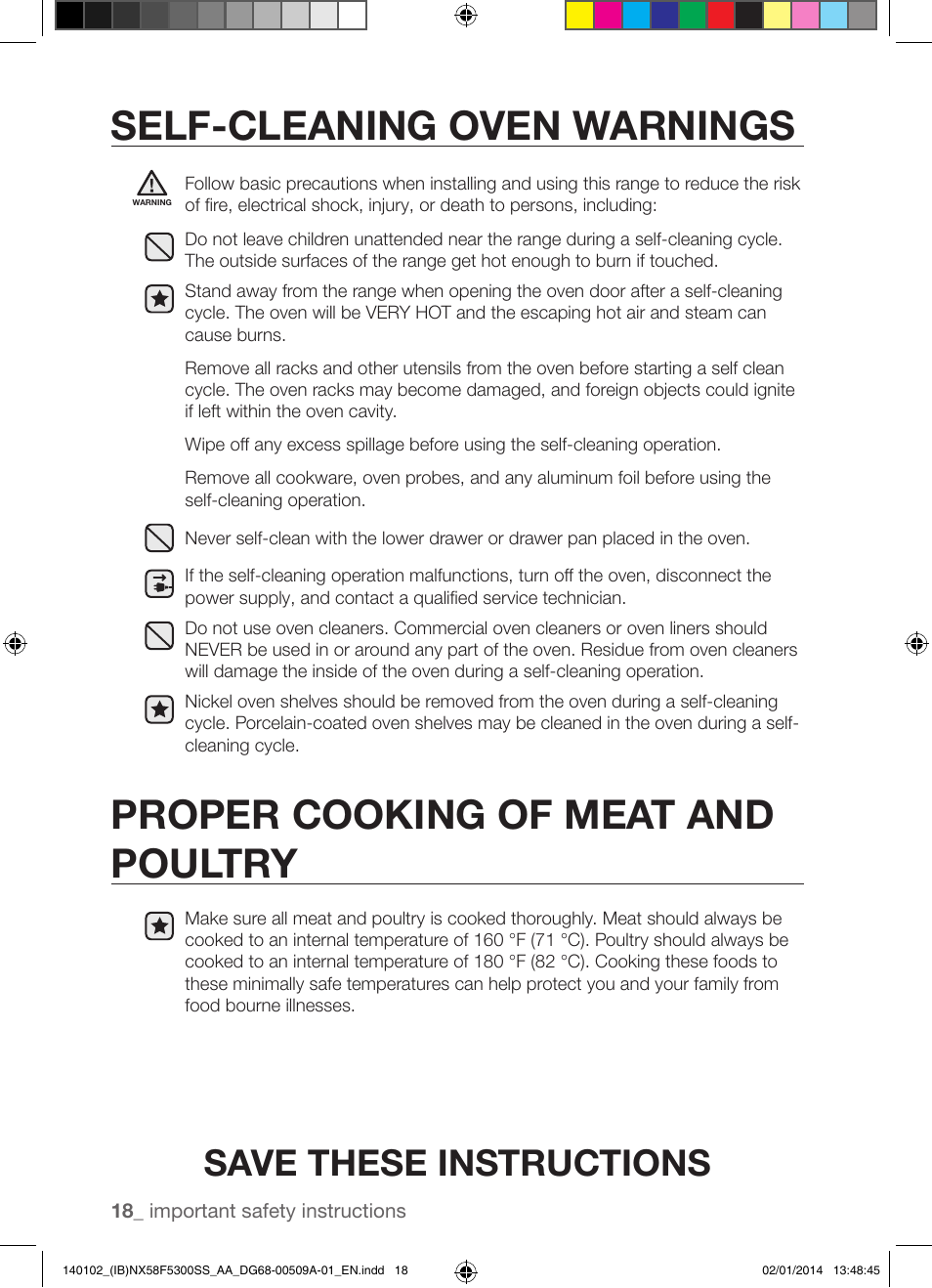 Self-cleaning oven warnings, Proper cooking of meat and poultry, Save these instructions | Samsung NX58F5300SS-AA User Manual | Page 18 / 76