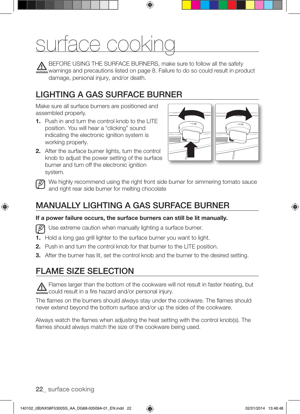 Surface cooking, Lighting a gas surface burner, Manually lighting a gas surface burner | Flame size selection | Samsung NX58F5300SS-AA User Manual | Page 22 / 76
