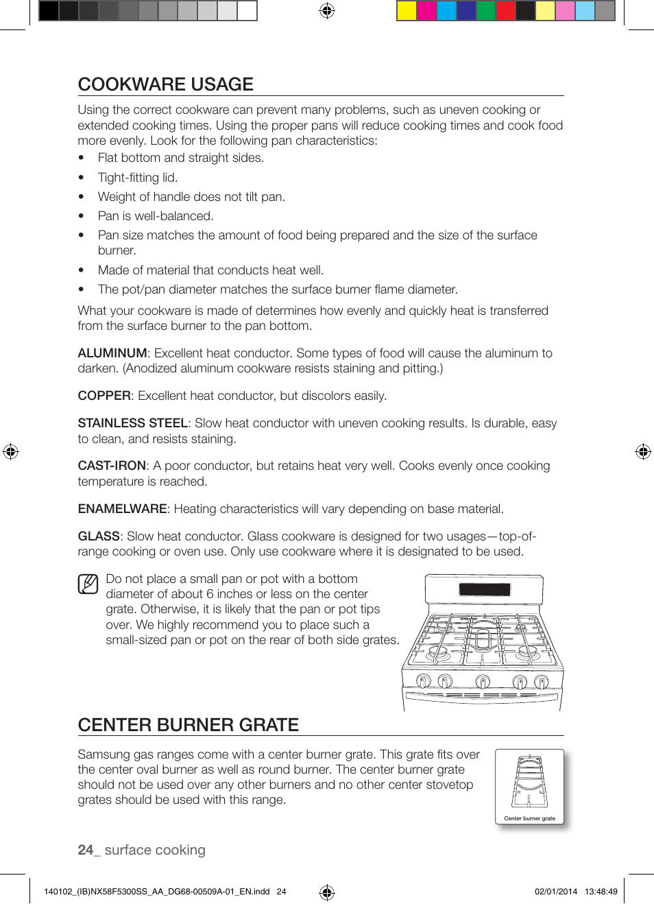 Cookware usage, Center burner grate | Samsung NX58F5300SS-AA User Manual | Page 24 / 76