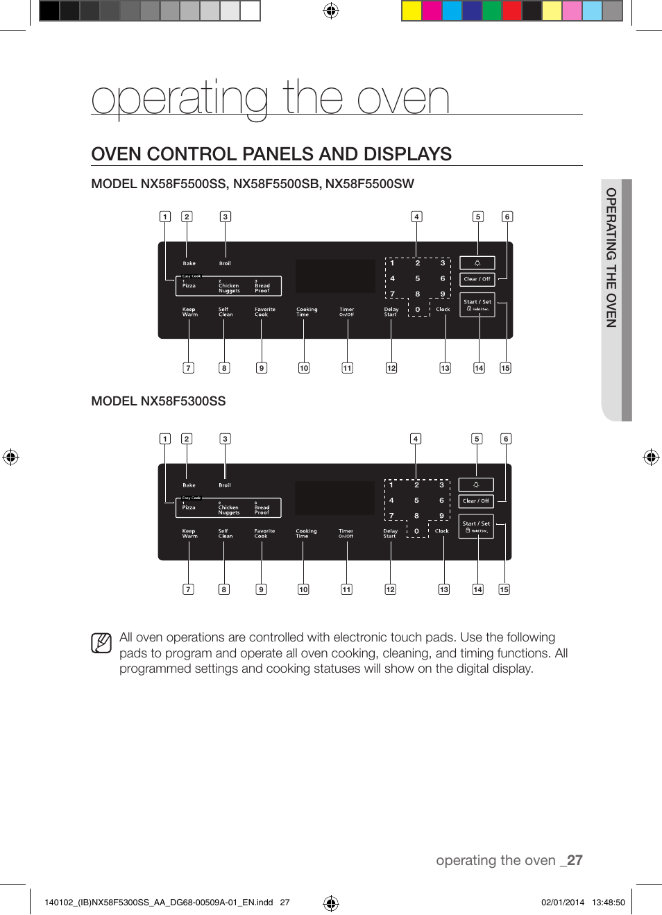 Operating the oven, Oven control panels and displays, Operating the oven _ 27 | Samsung NX58F5300SS-AA User Manual | Page 27 / 76