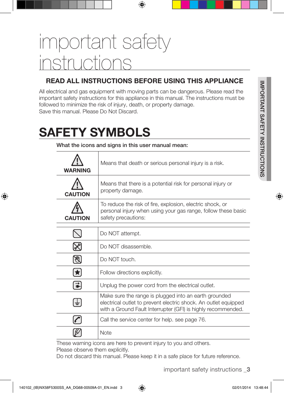 Important safety instructions, Safety symbols | Samsung NX58F5300SS-AA User Manual | Page 3 / 76