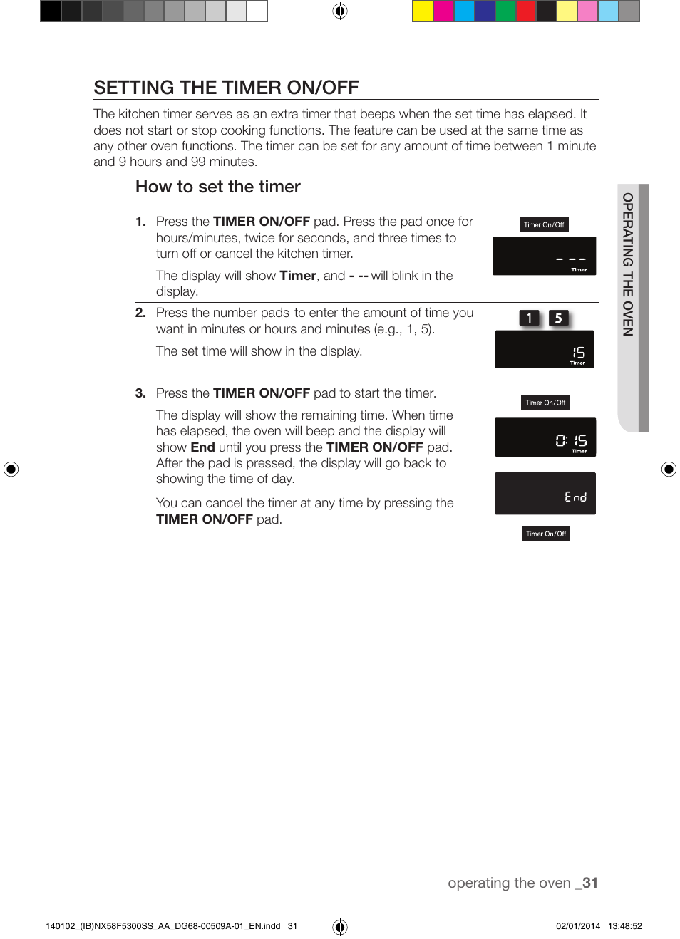 Setting the timer on/off, How to set the timer | Samsung NX58F5300SS-AA User Manual | Page 31 / 76