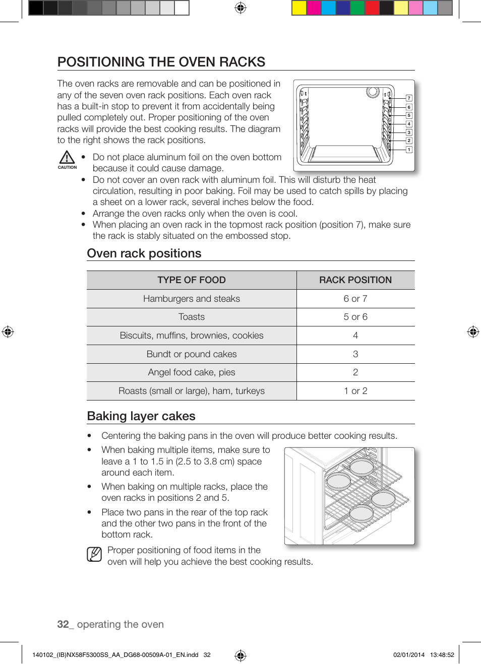 Positioning the oven racks, Oven rack positions, Baking layer cakes | Samsung NX58F5300SS-AA User Manual | Page 32 / 76