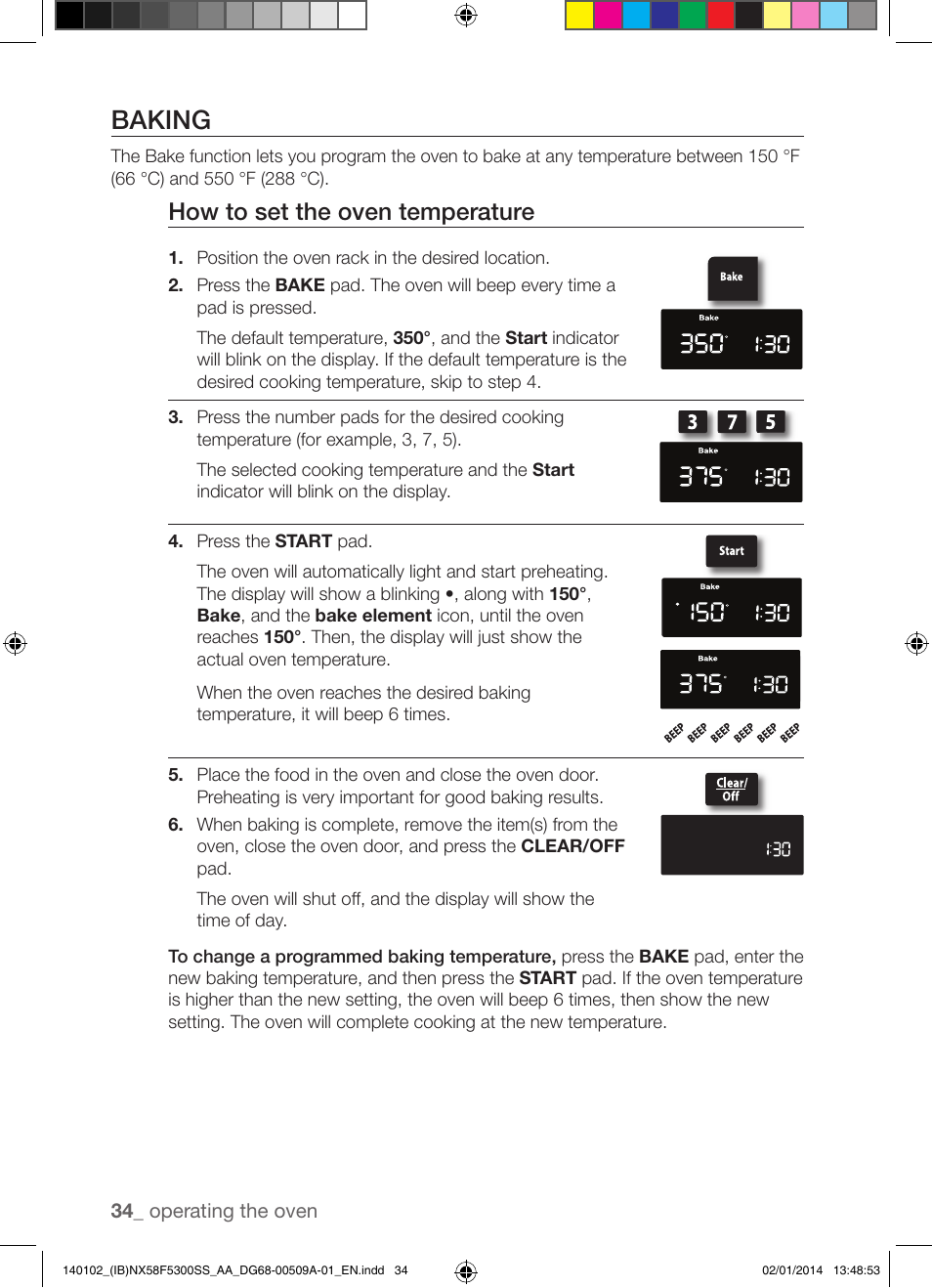 Baking, How to set the oven temperature | Samsung NX58F5300SS-AA User Manual | Page 34 / 76