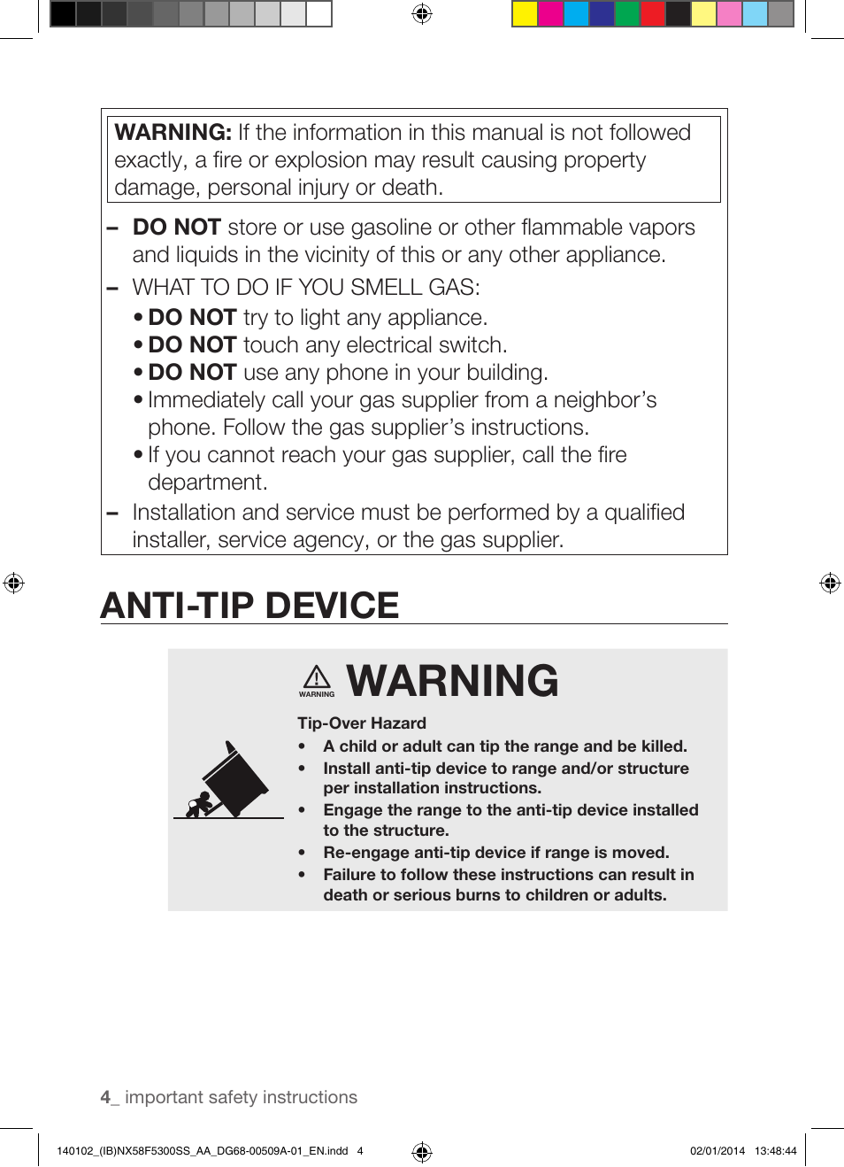 Warning, Anti-tip device | Samsung NX58F5300SS-AA User Manual | Page 4 / 76