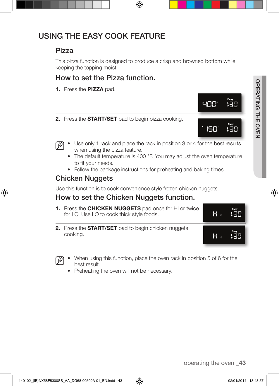 Using the easy cook feature, Pizza, How to set the pizza function | Chicken nuggets, How to set the chicken nuggets function | Samsung NX58F5300SS-AA User Manual | Page 43 / 76