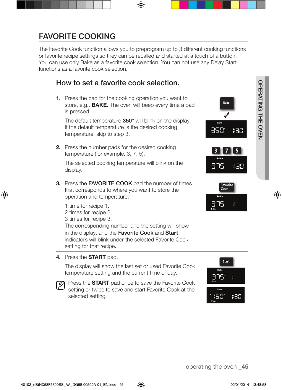 Favorite cooking, How to set a favorite cook selection | Samsung NX58F5300SS-AA User Manual | Page 45 / 76