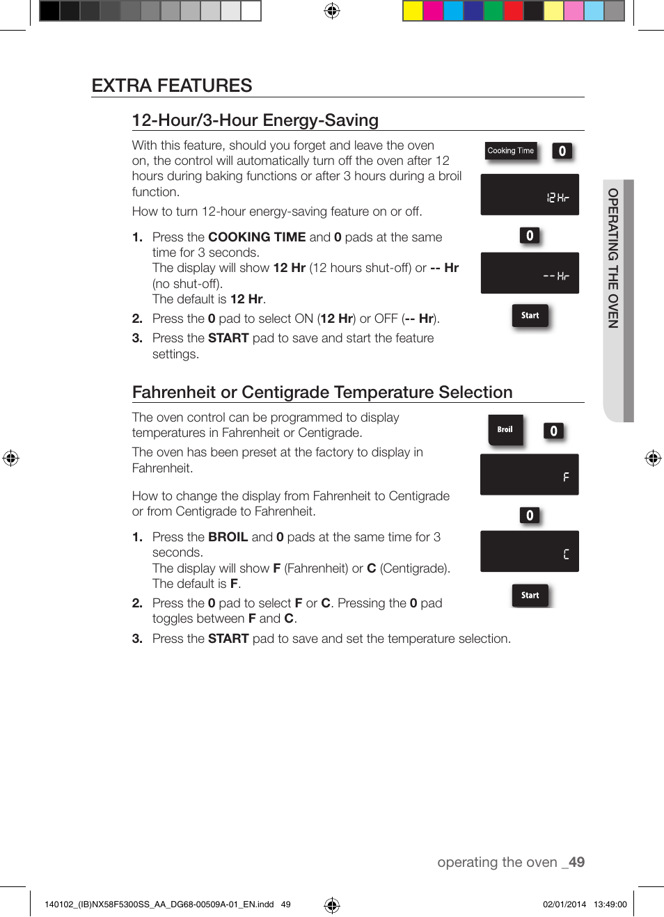 Extra features, Hour/3-hour energy-saving, Fahrenheit or centigrade temperature selection | Samsung NX58F5300SS-AA User Manual | Page 49 / 76